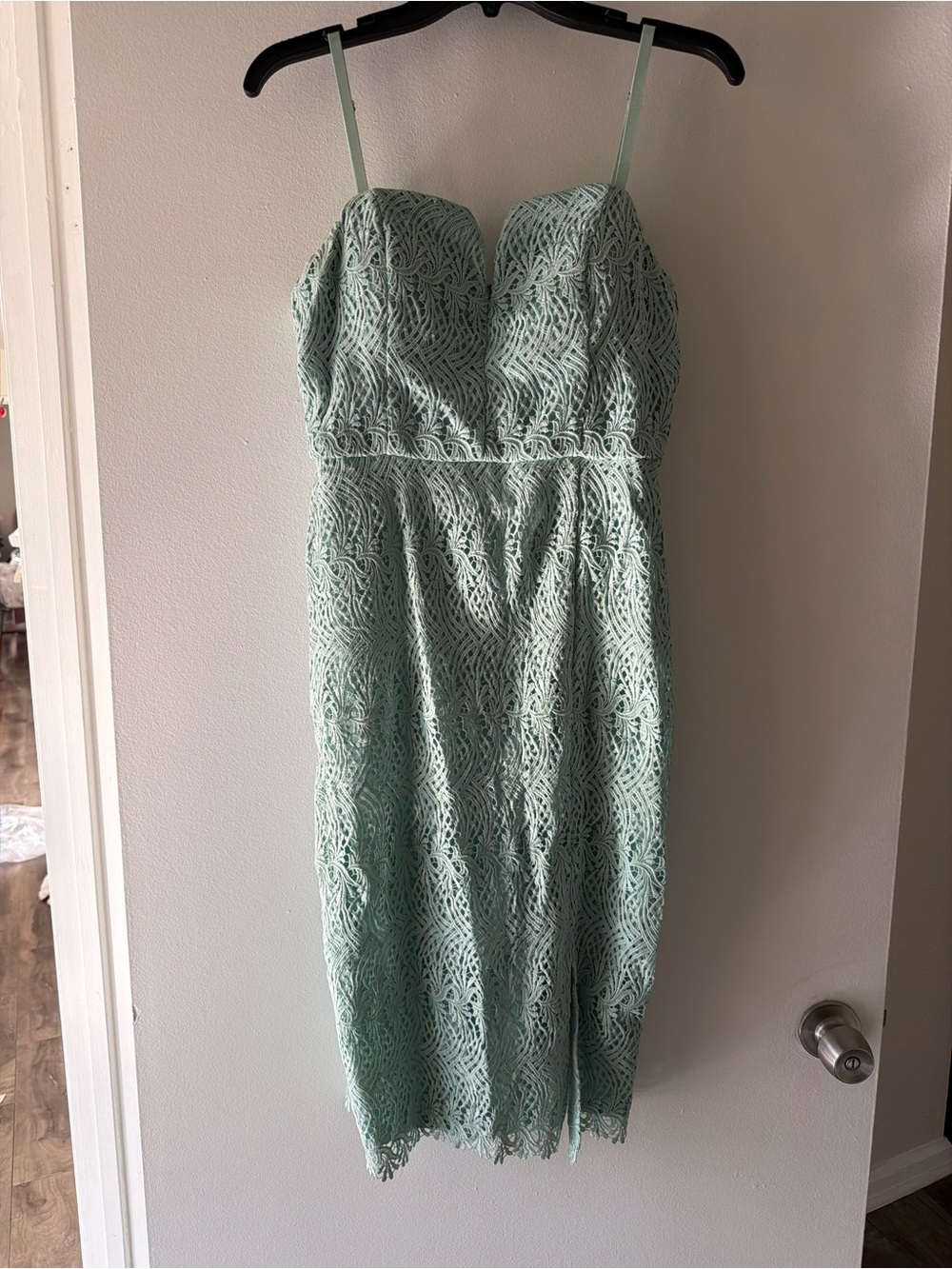 GUESS Strapless Lace Midi Dress in Mint Green